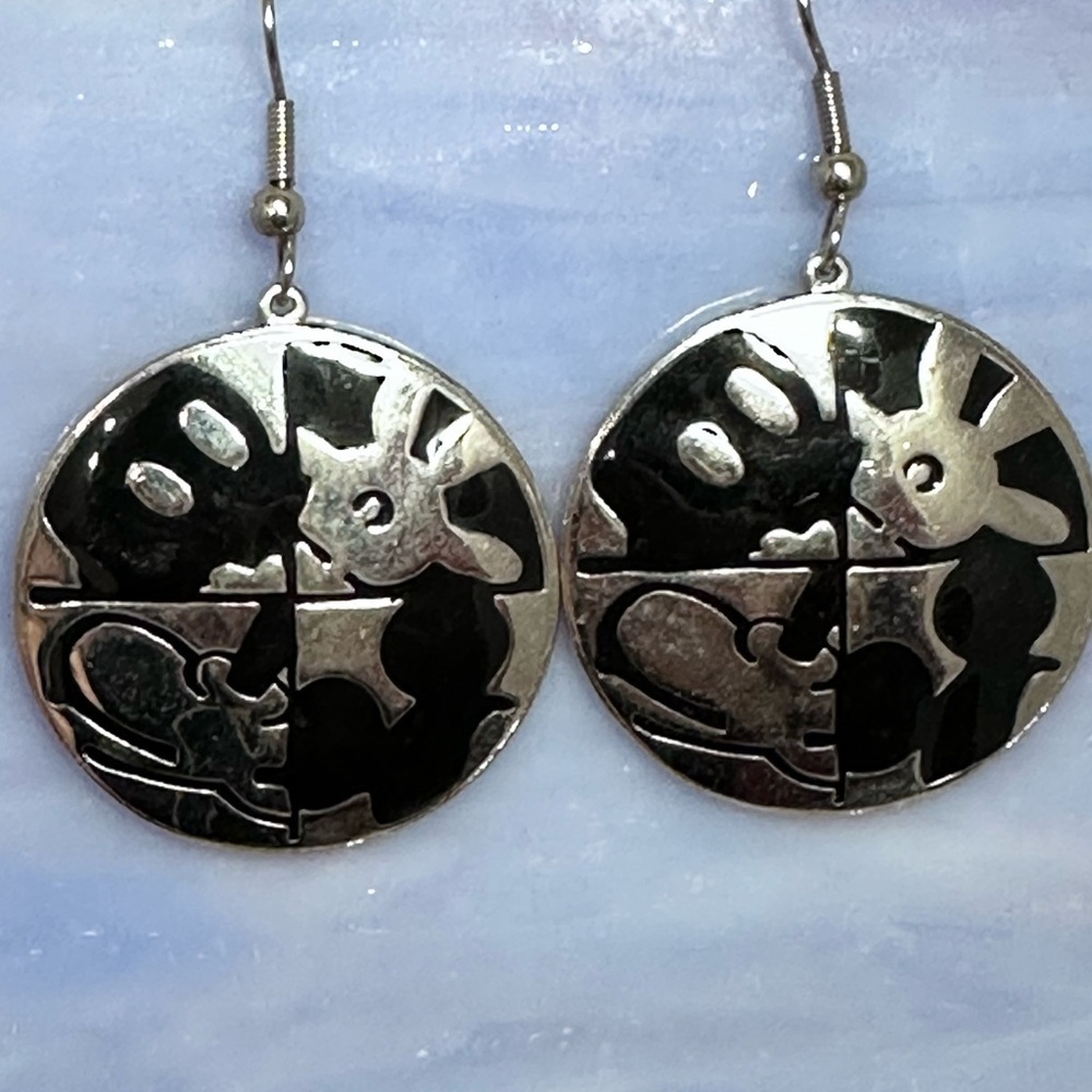 Disney Black and Silver Mickey Puzzle Earrings Round Disc Vintage 4366 B